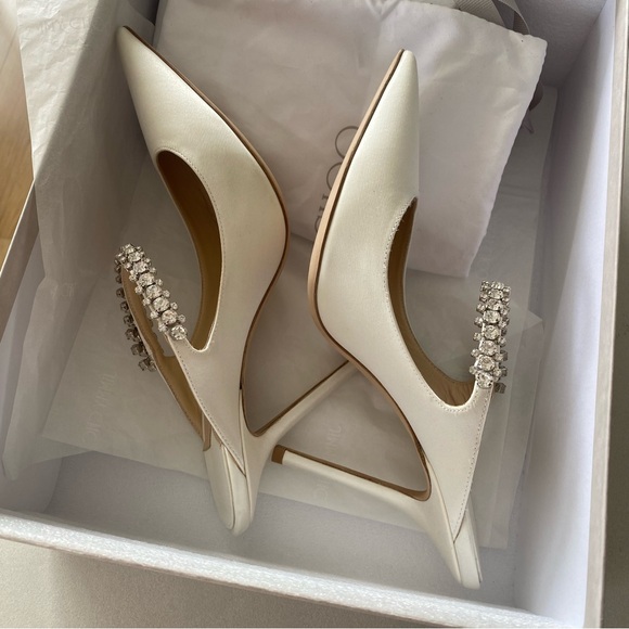 Jimmy Choo Bing 100 Embellished High Heel Mules - White Satin - Picture 2 of 14